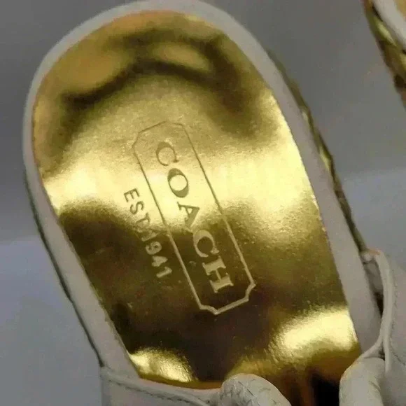 Beautiful! COACH A3259 Blanch Soft Napa White Ankle Strap Gold Wedge Shoes - Picture 3 of 14